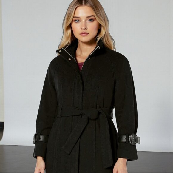 NWT Cole Haan Belted Wool Blend Trench Coat sz 8 Black - Picture 1 of 3